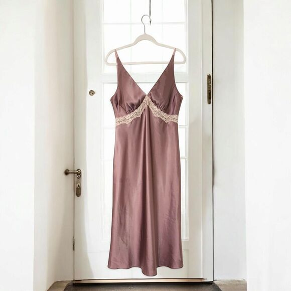 Sensara Satin Long Nightgown Brown  Lace Trim V Neck Plunge Womens Size L - Picture 1 of 9